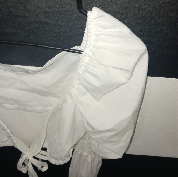 Women sexy white tie puffer elastic long sleeve top - Picture 13 of 16